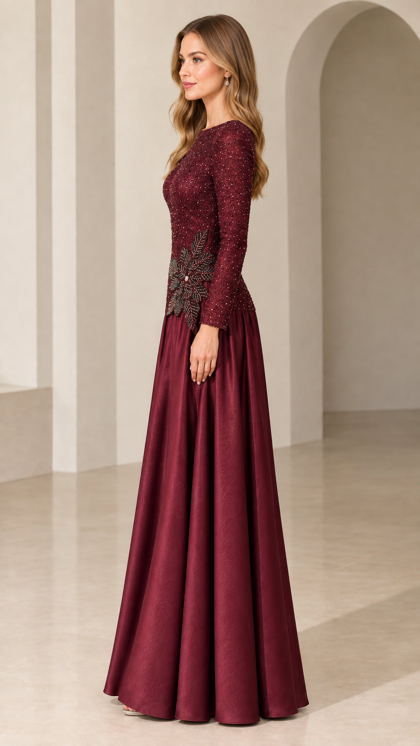 Burgundy sequin long sleeve evening gown side profile view