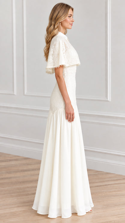 Side profile view of woman wearing white lace capelet formal gown