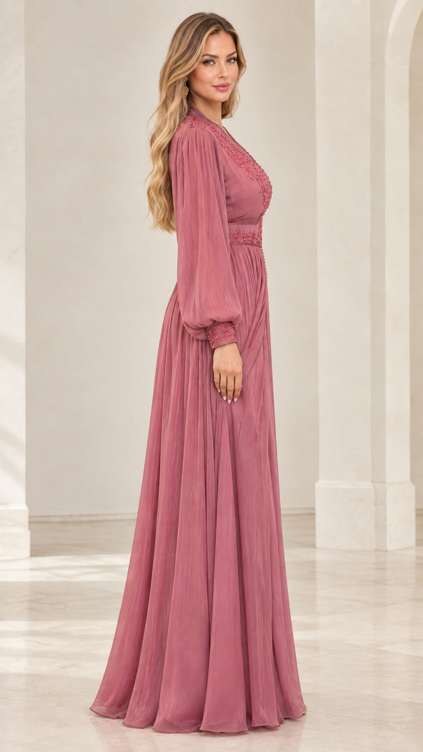 Dusty rose long sleeve chiffon formal dress side angle view