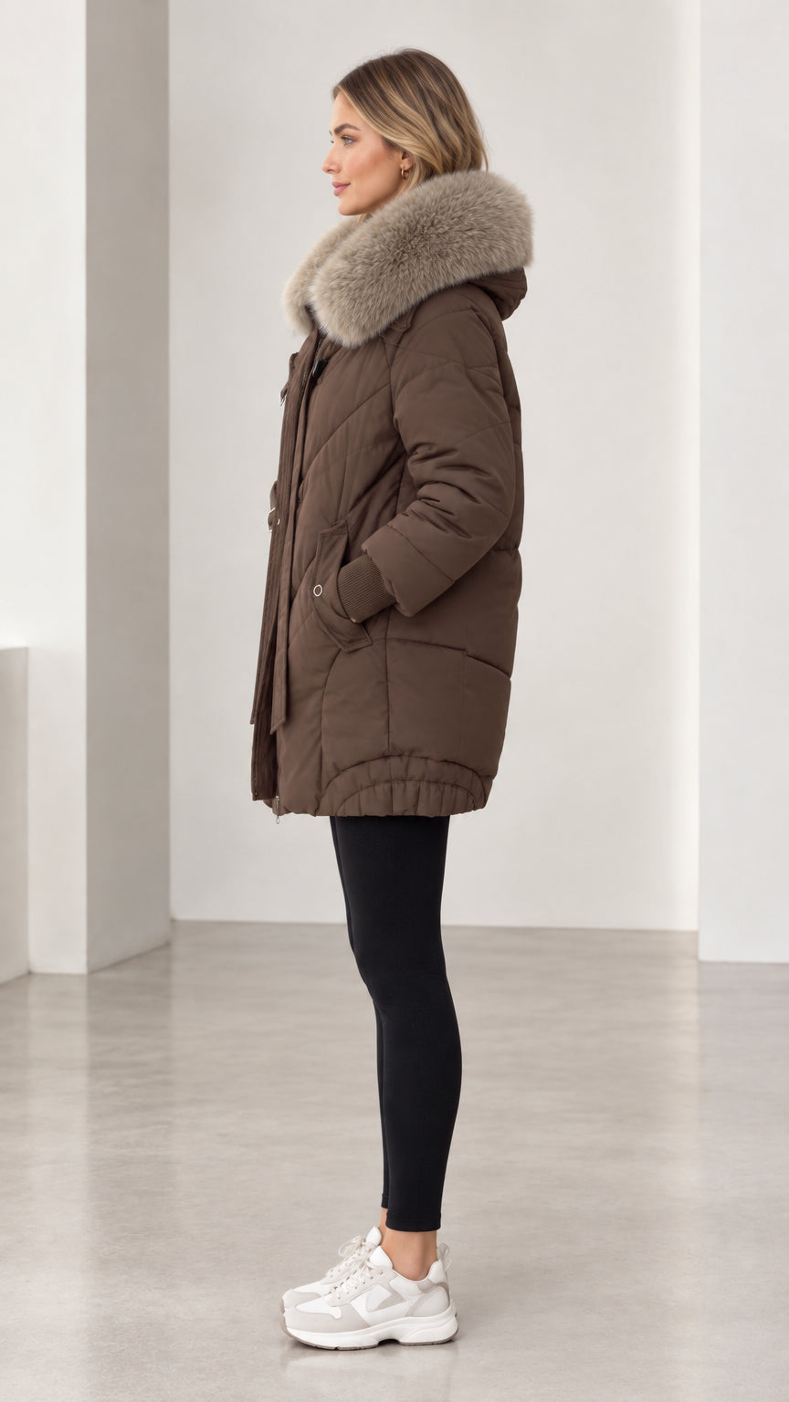 Side profile of model wearing brown hooded puffer coat and black leggings