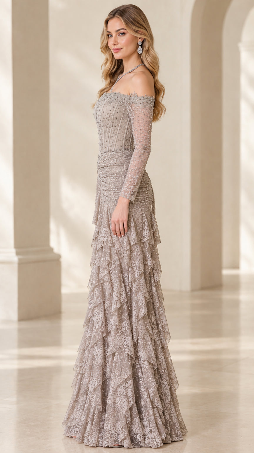 Taupe beaded off-the-shoulder long sleeve lace formal maxi dress - Side angle view