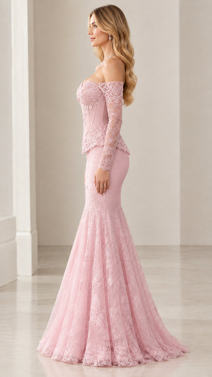 Side profile view of dusty pink long sleeve lace corset formal evening dress