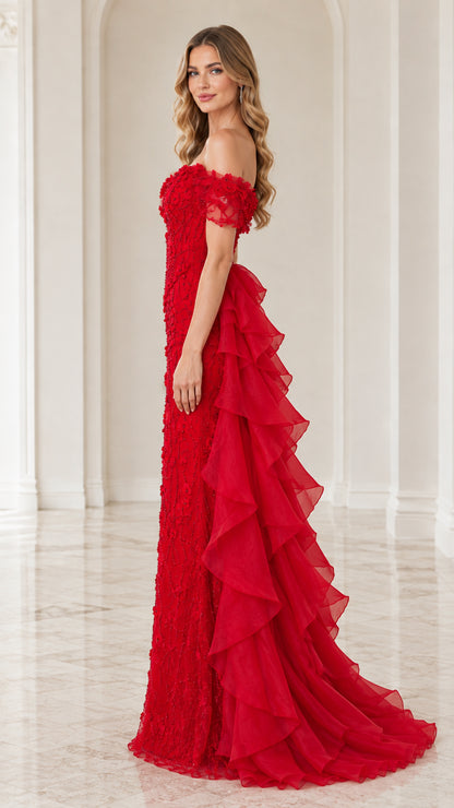 Side profile view of red formal evening gown showing tiered ruffle train detail