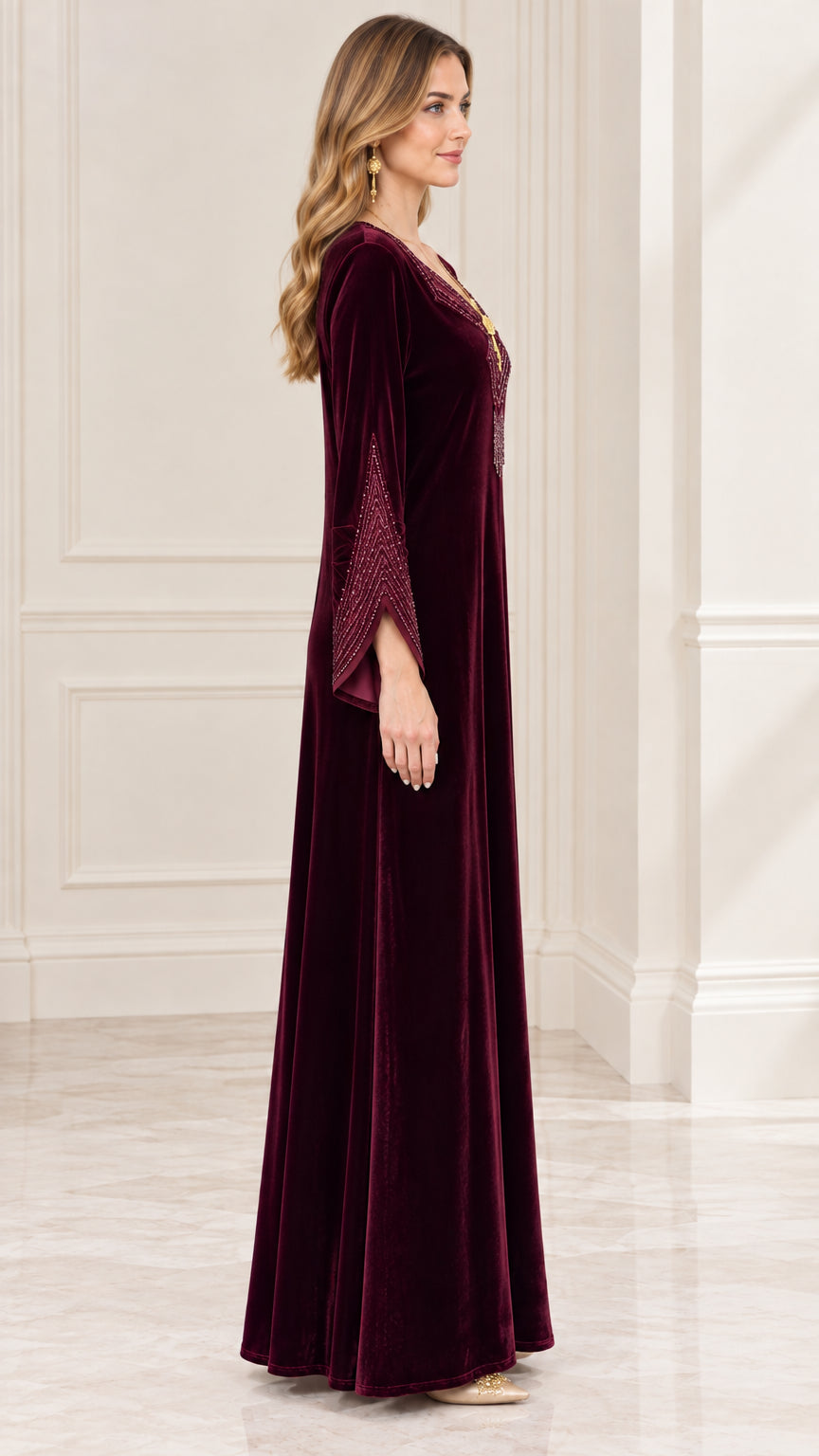 Burgundy long sleeve velvet evening gown side profile