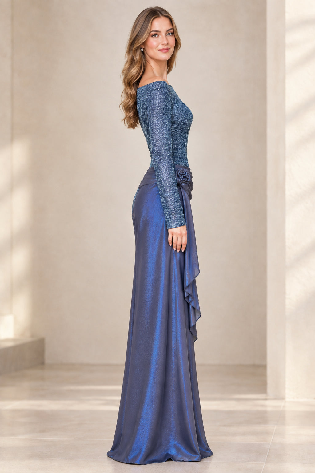 Side view of model wearing Slate Blue long sleeve formal gown