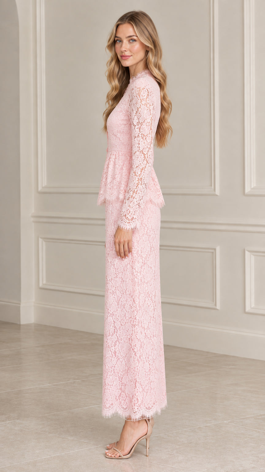 Side view of Blush Pink lace peplum long sleeve maxi dress set