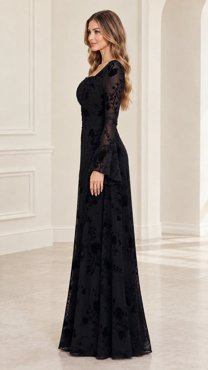 Side profile of model wearing black long-sleeve evening gown with flared sleeves