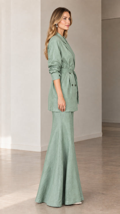 Side profile view of sage green tailored blazer and flared maxi skirt ensemble