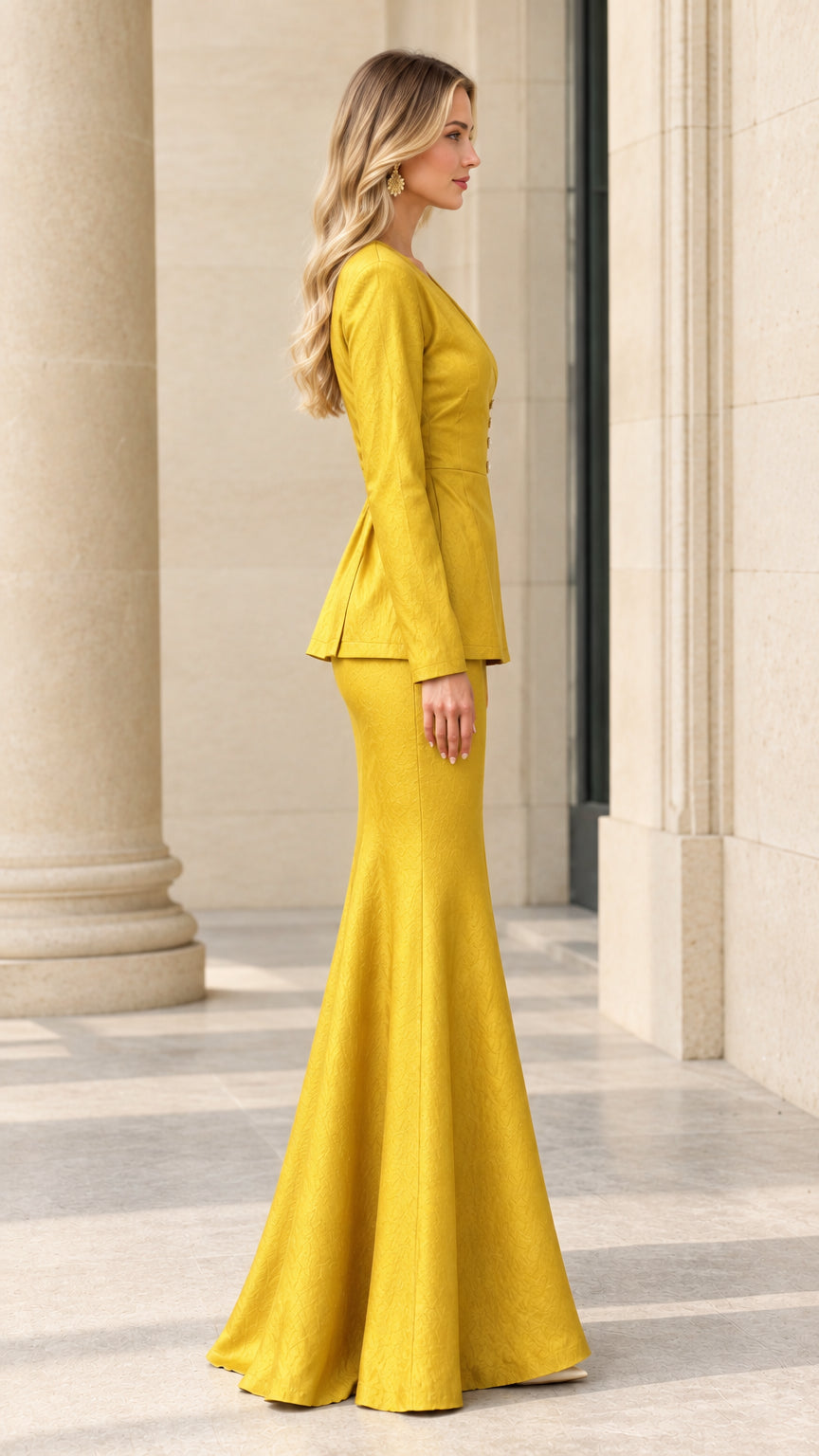 Side profile of woman in mustard yellow long sleeve wrap top and fluted maxi skirt