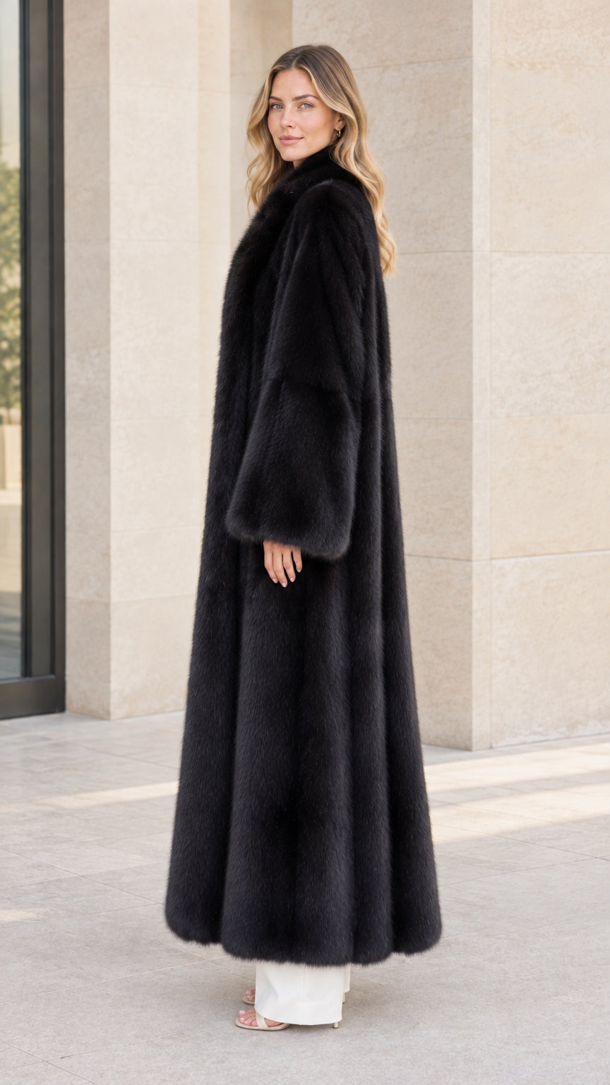 Side profile of woman in full-length black faux fur outerwear