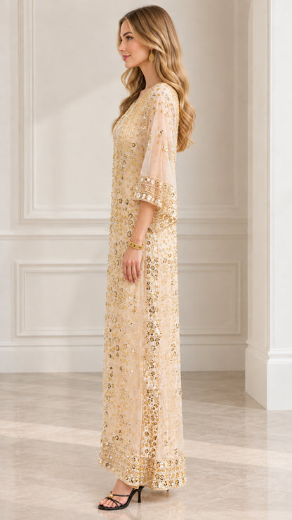 Side profile view of Champagne embellished column evening gown with bell sleeves
