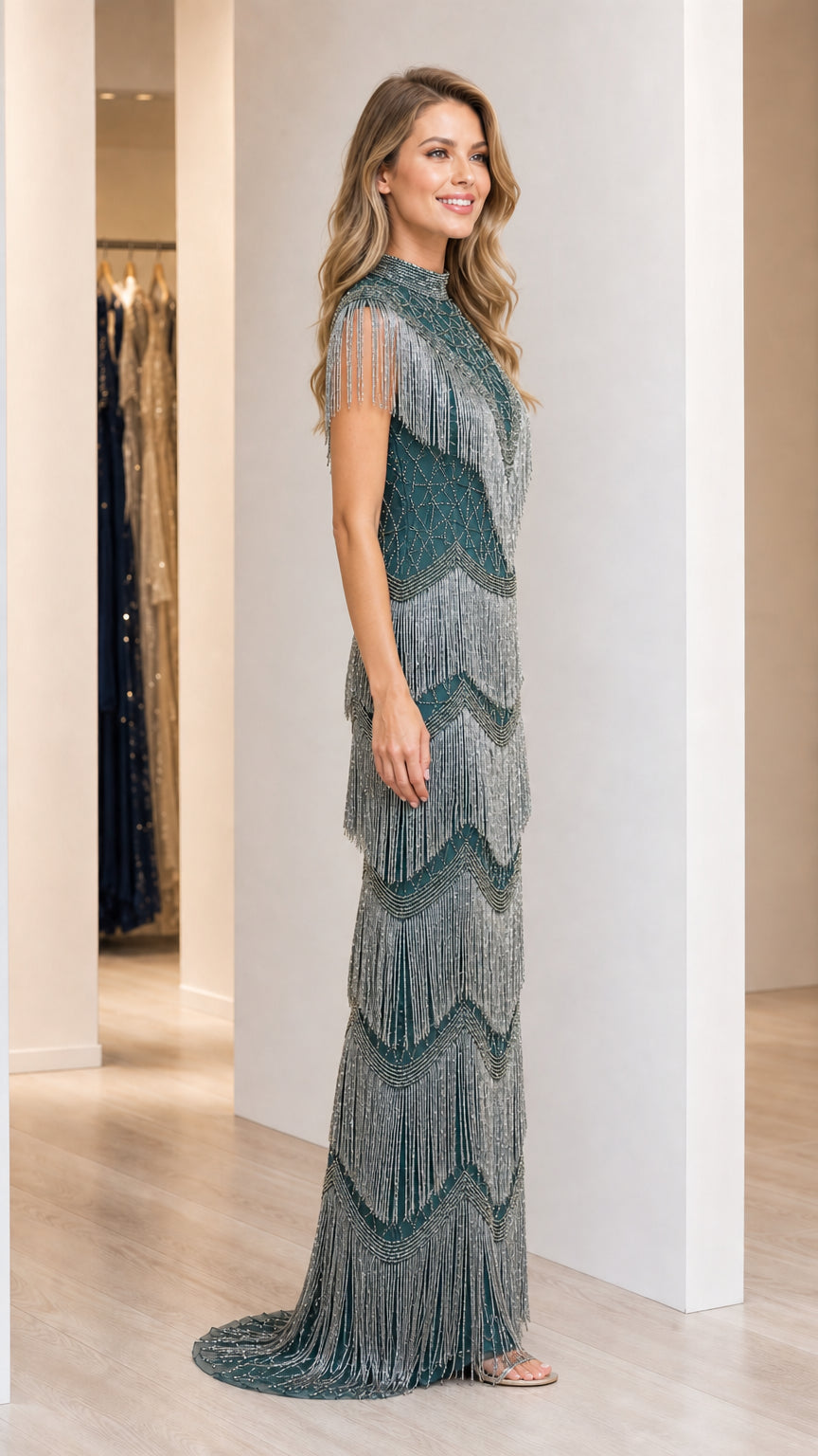 Side angle of model wearing emerald green tiered fringe formal maxi dress