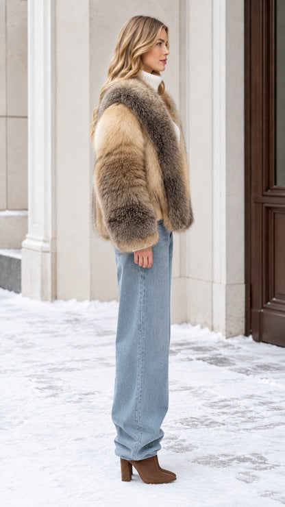 Side profile view of woman wearing plush camel multi faux fur jacket with denim and brown boots