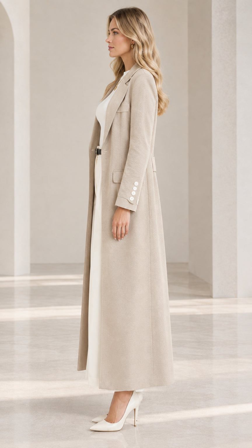Side profile view of woman modeling the beige longline tailored overcoat