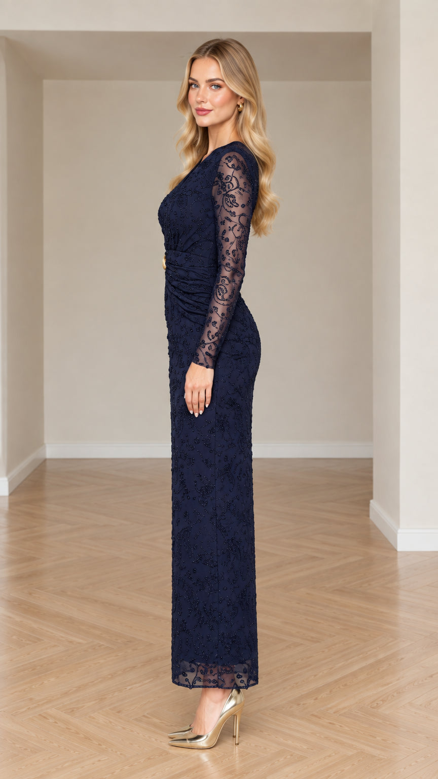 Side profile view of navy blue ruched waist lace formal maxi dress