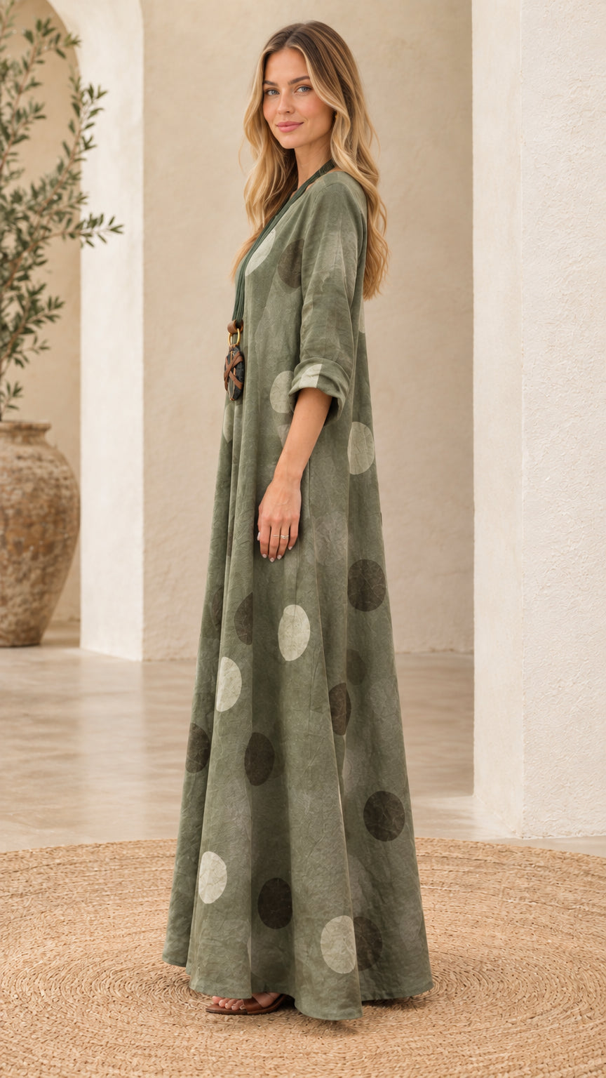 Side profile of woman in sage green 3/4 sleeve polka dot maxi dress