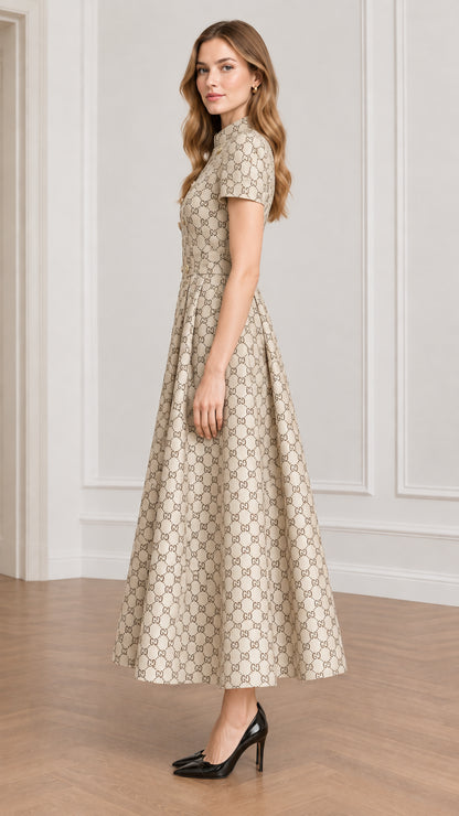 Side angle view of beige jacquard pleated midi dress showing full skirt silhouette