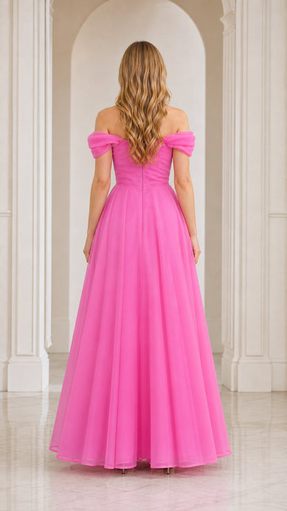 Back view of hot pink off-the-shoulder evening gown with zip closure