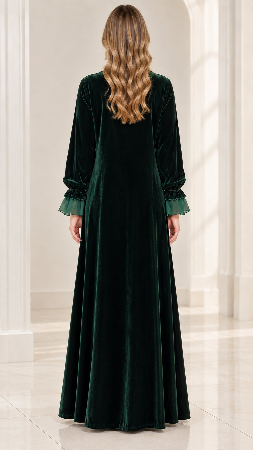 Emerald Green velvet maxi dress back view