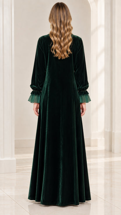 Emerald Green velvet maxi dress back view
