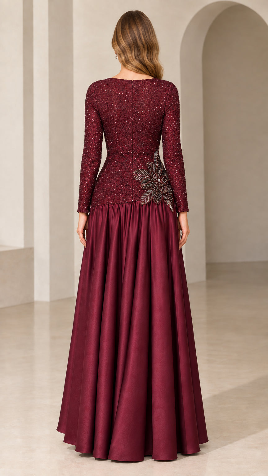 Burgundy floor length formal evening gown back view