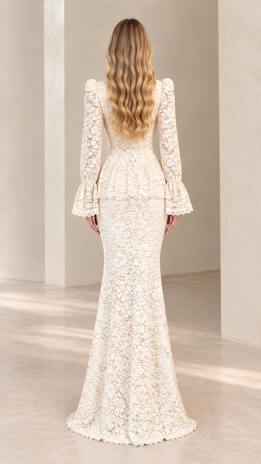 Back view of ivory lace formal dress showing fitted silhouette and concealed zipper line