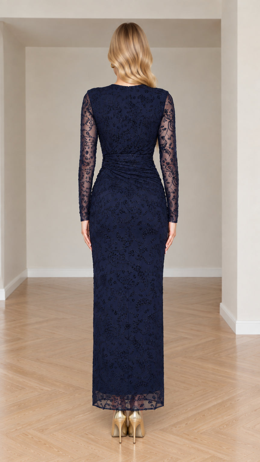 Back view of navy blue long sleeve lace evening gown with concealed zipper