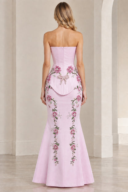 Back view of Light Pink strapless mermaid maxi dress showing trailing floral embroidery