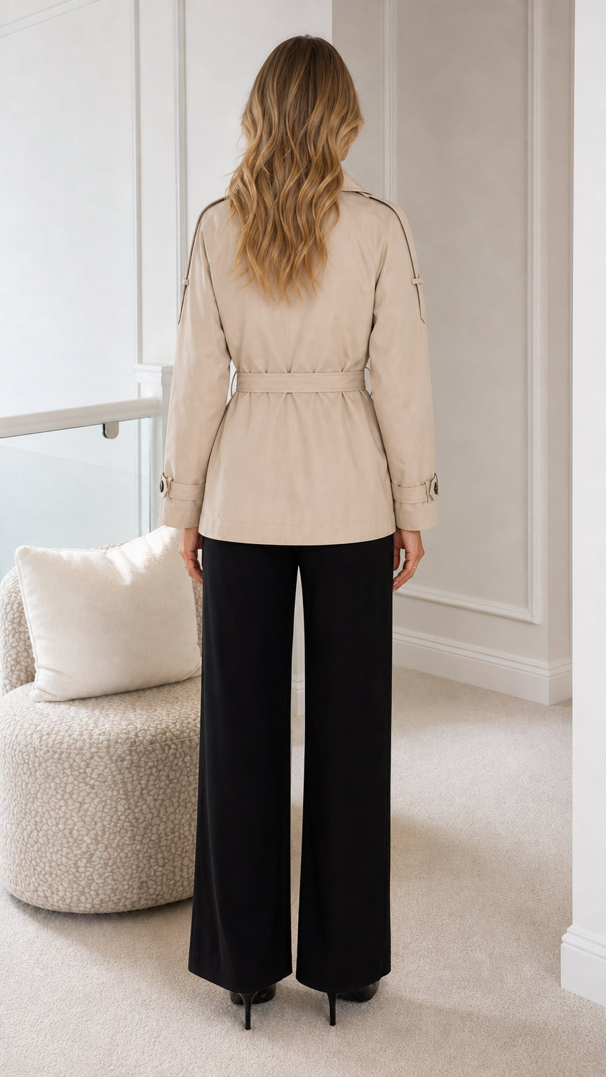Back view of model wearing the beige hip-length belted trench coat
