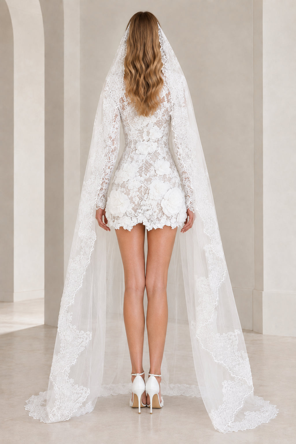 Back view of white floral lace mini dress and matching long lace veil