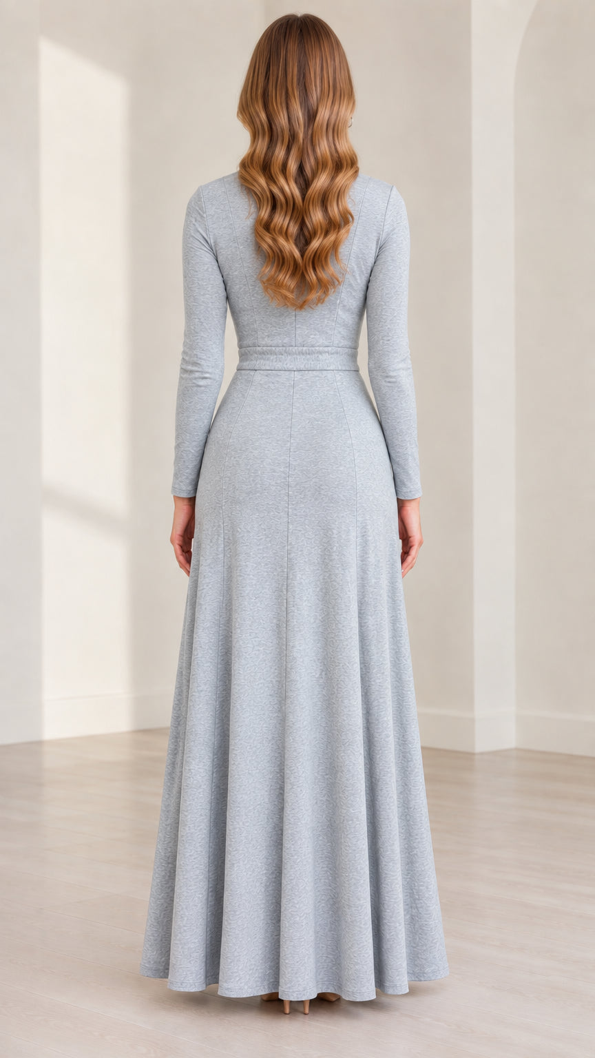 Back view of woman wearing Heather Grey knit long sleeve maxi dress