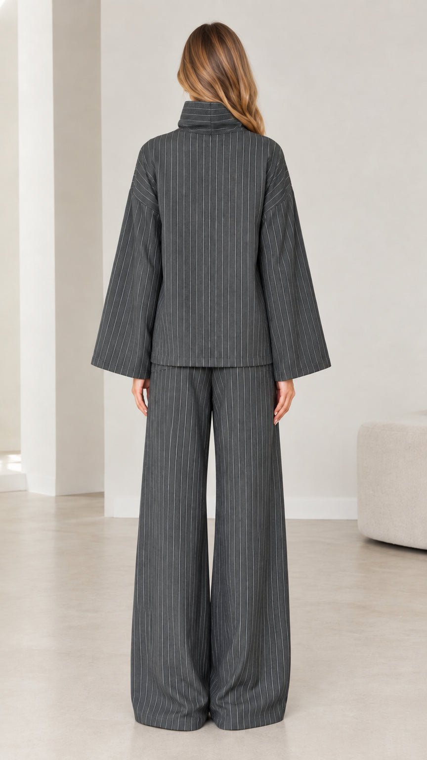 Back view of Charcoal Grey pinstripe two-piece outfit