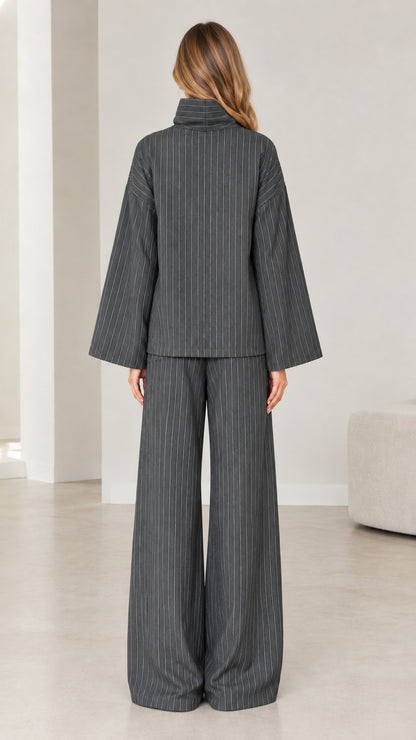 Back view of Charcoal Grey pinstripe two-piece outfit