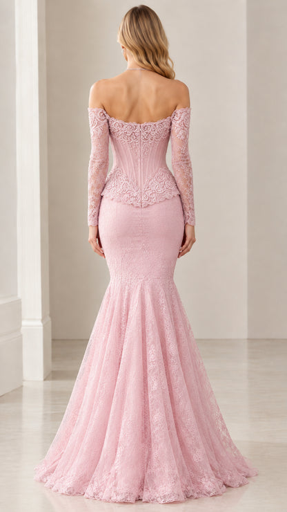 Back view of dusty pink off-the-shoulder lace mermaid gown showing structured bodice
