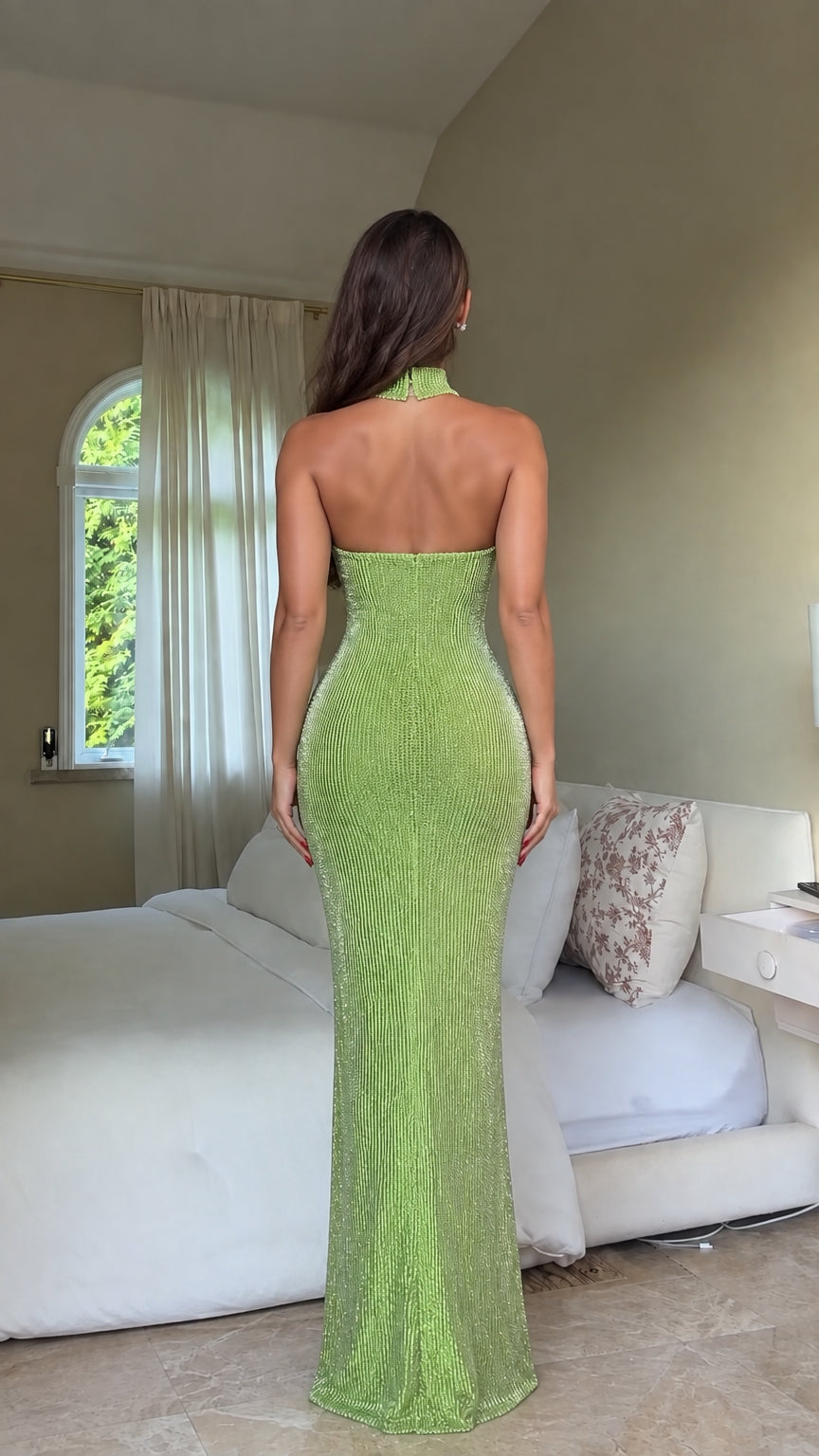 Back view of Lime Green open back rhinestone bodycon evening dress