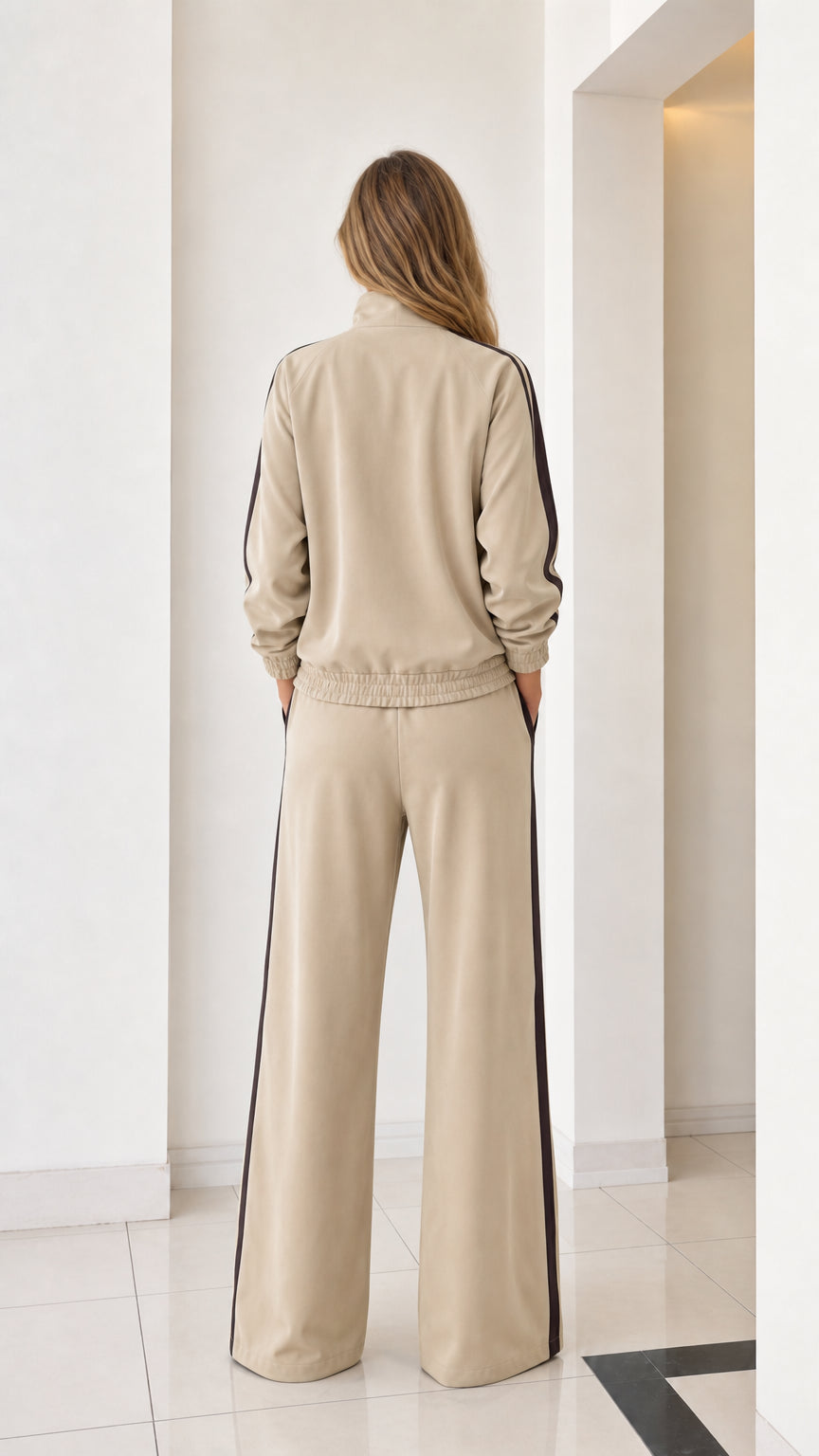 Back view of women's beige wide-leg tracksuit set