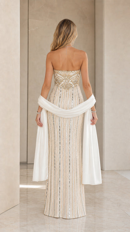 Champagne strapless floor-length evening dress with shawl - back view