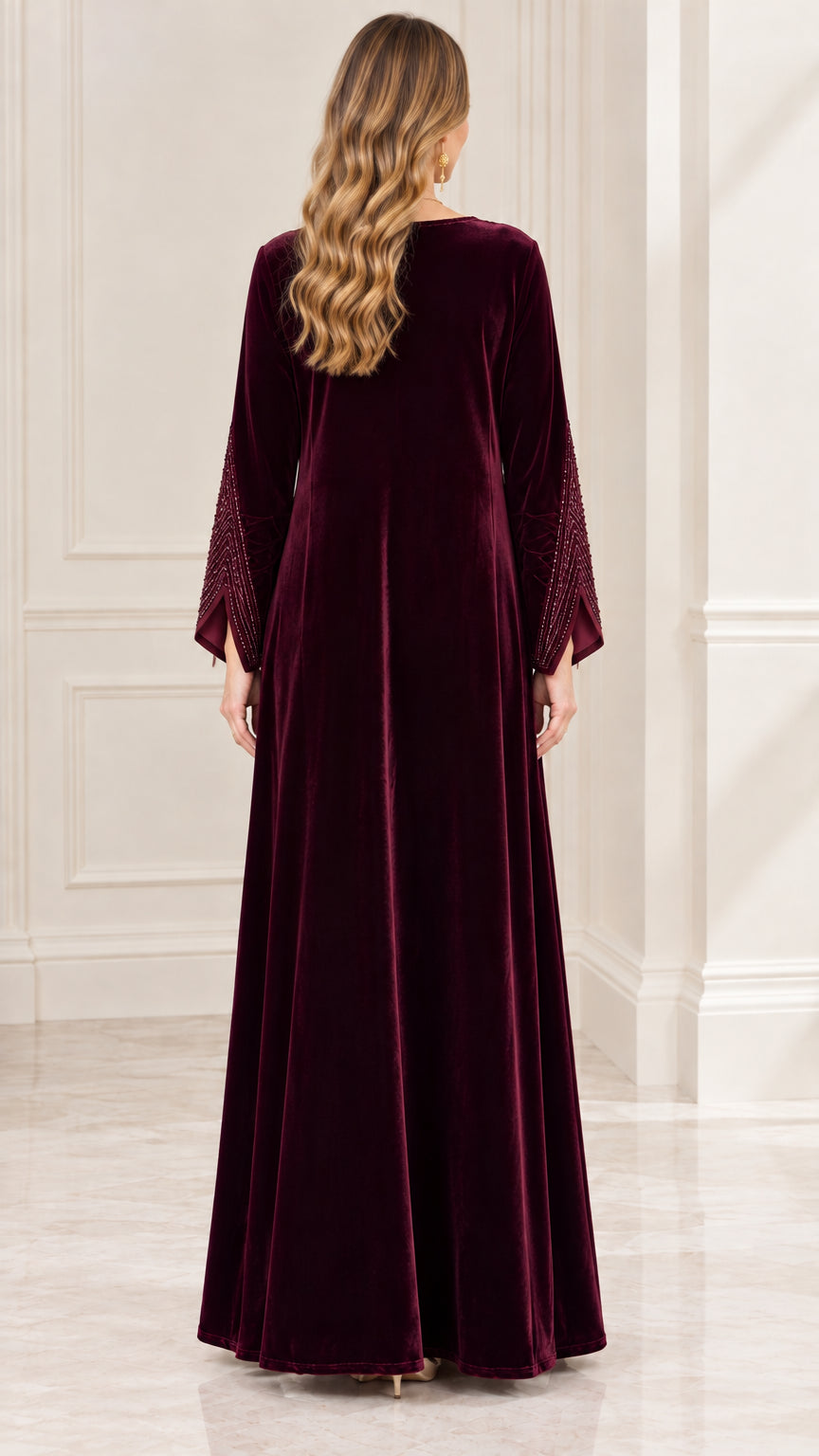 Burgundy floor length velvet abaya dress back view