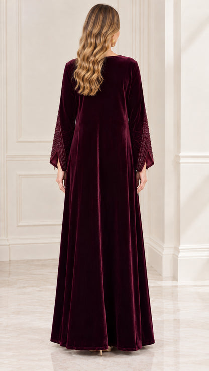 Burgundy floor length velvet abaya dress back view