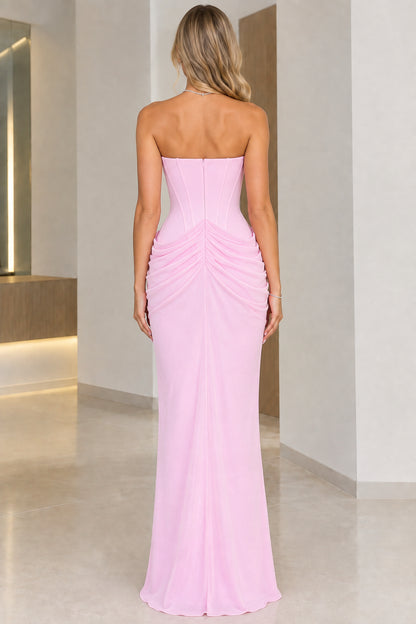 Back view of model wearing Light Pink strapless maxi gown