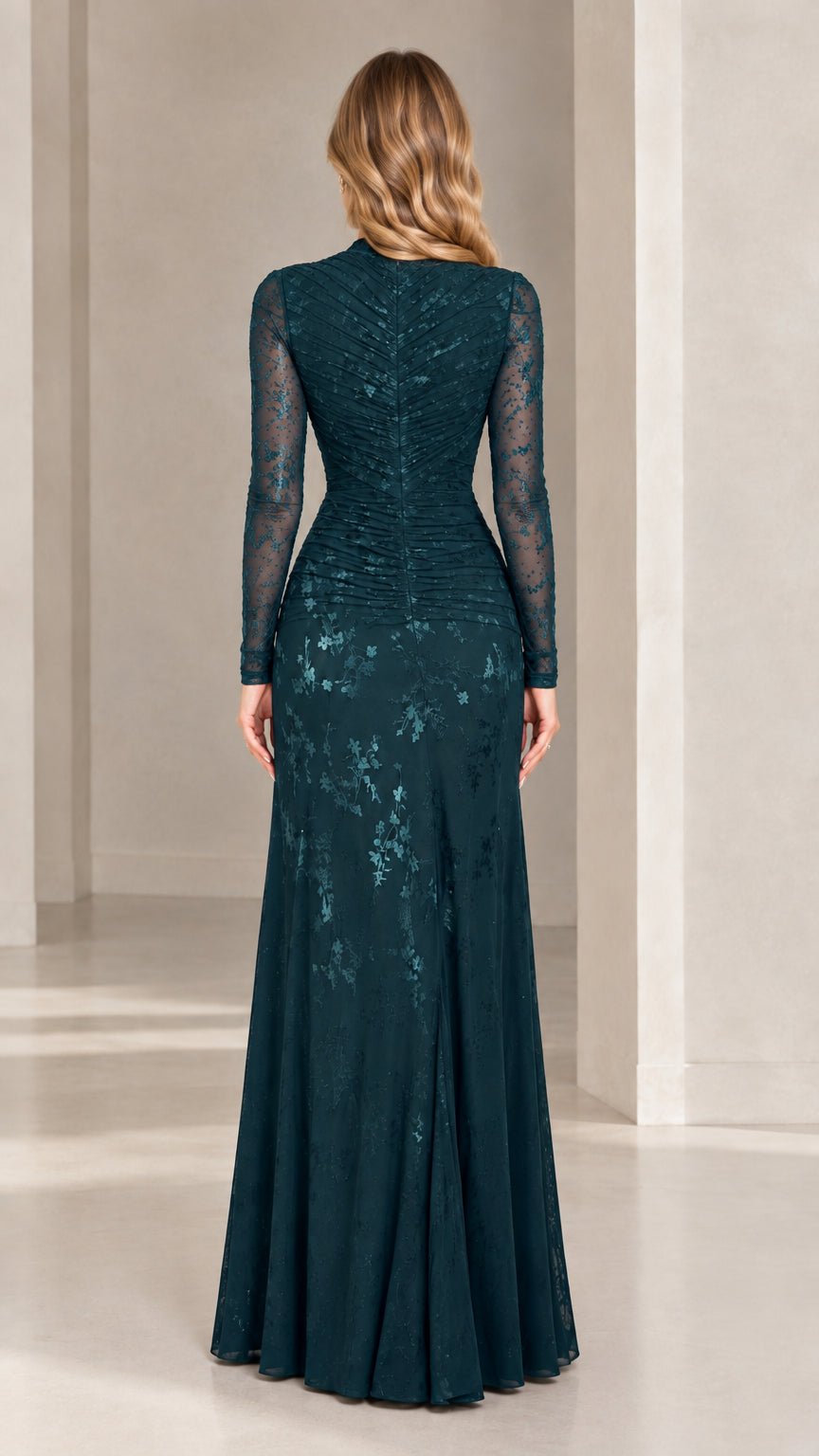 Back view of dark teal mock neck lace maxi dress
