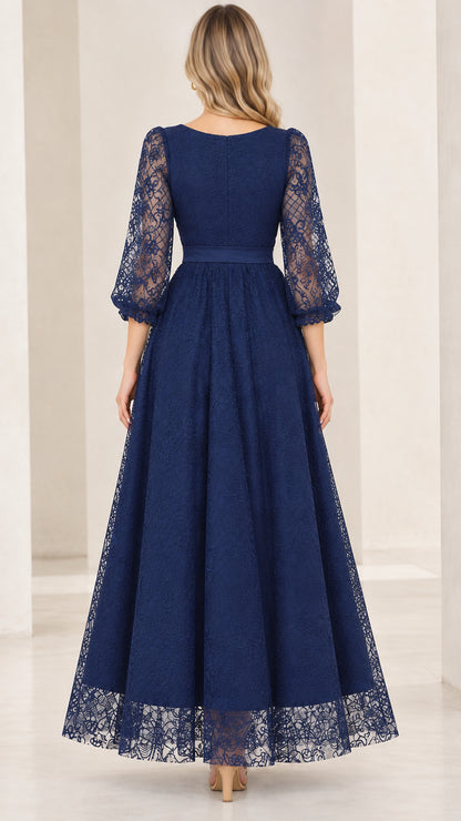 Back view of navy blue lace formal dress showing tailored fit and concealed zipper