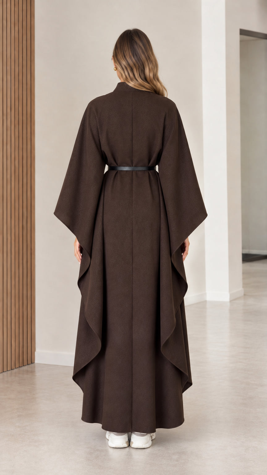 Back view of brown elegant flowing maxi cape cloak