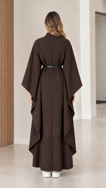 Back view of brown elegant flowing maxi cape cloak