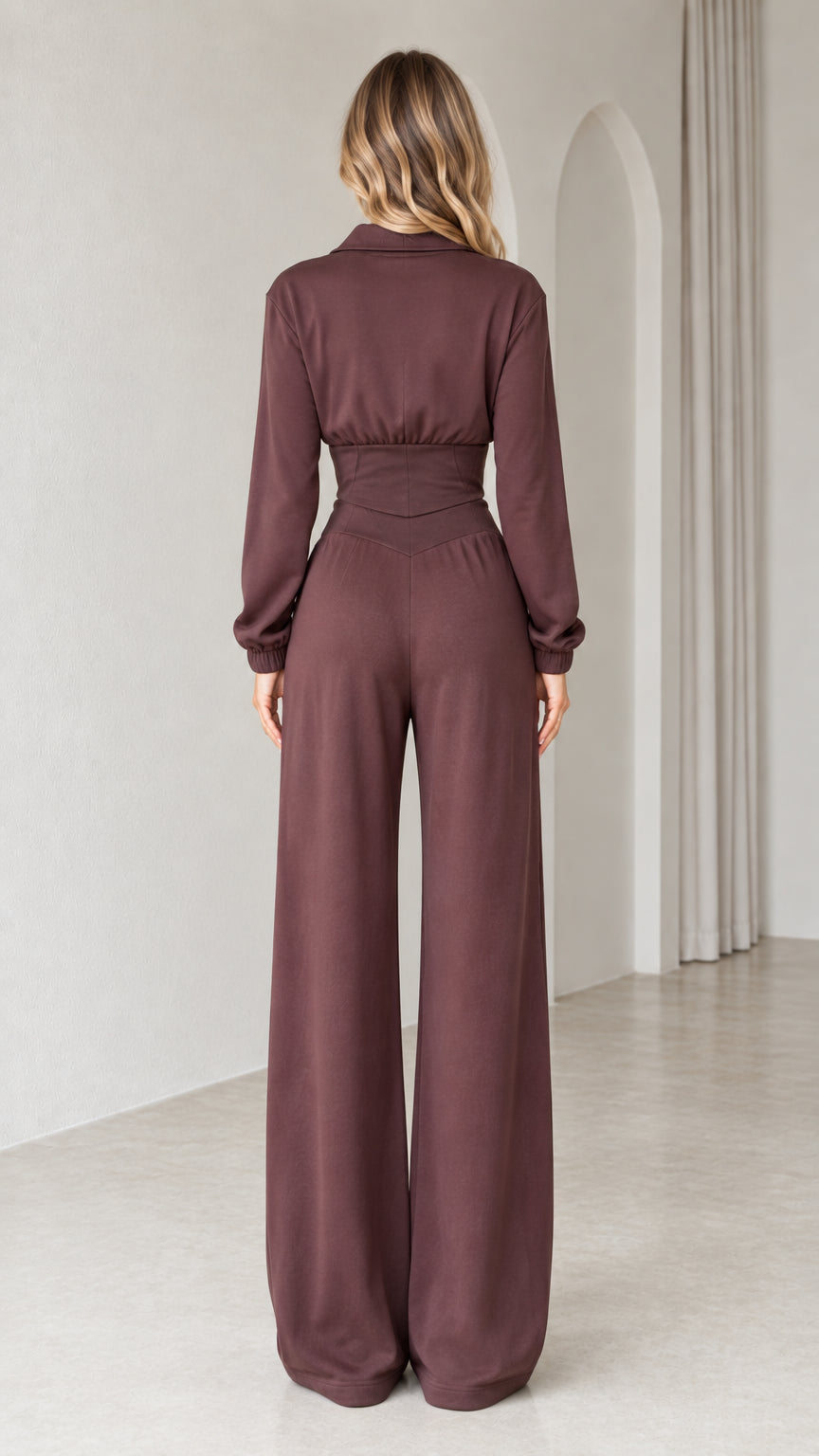 Back full-length view of woman in chocolate brown wide-leg matching pants set