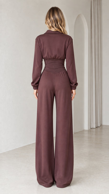 Back full-length view of woman in chocolate brown wide-leg matching pants set