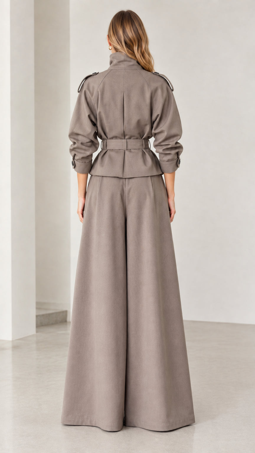 Back view of taupe two-piece pant suit with defined belted waist