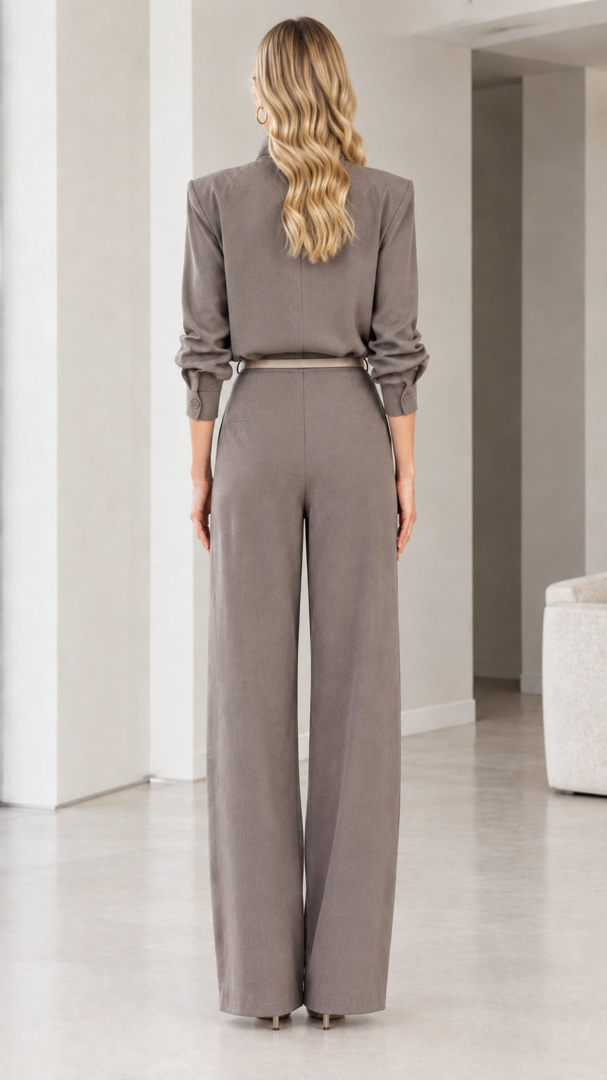 Back view of Taupe Grey tailored wide-leg jumpsuit with belted waist