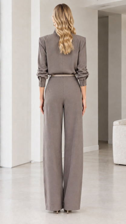 Back view of Taupe Grey tailored wide-leg jumpsuit with belted waist