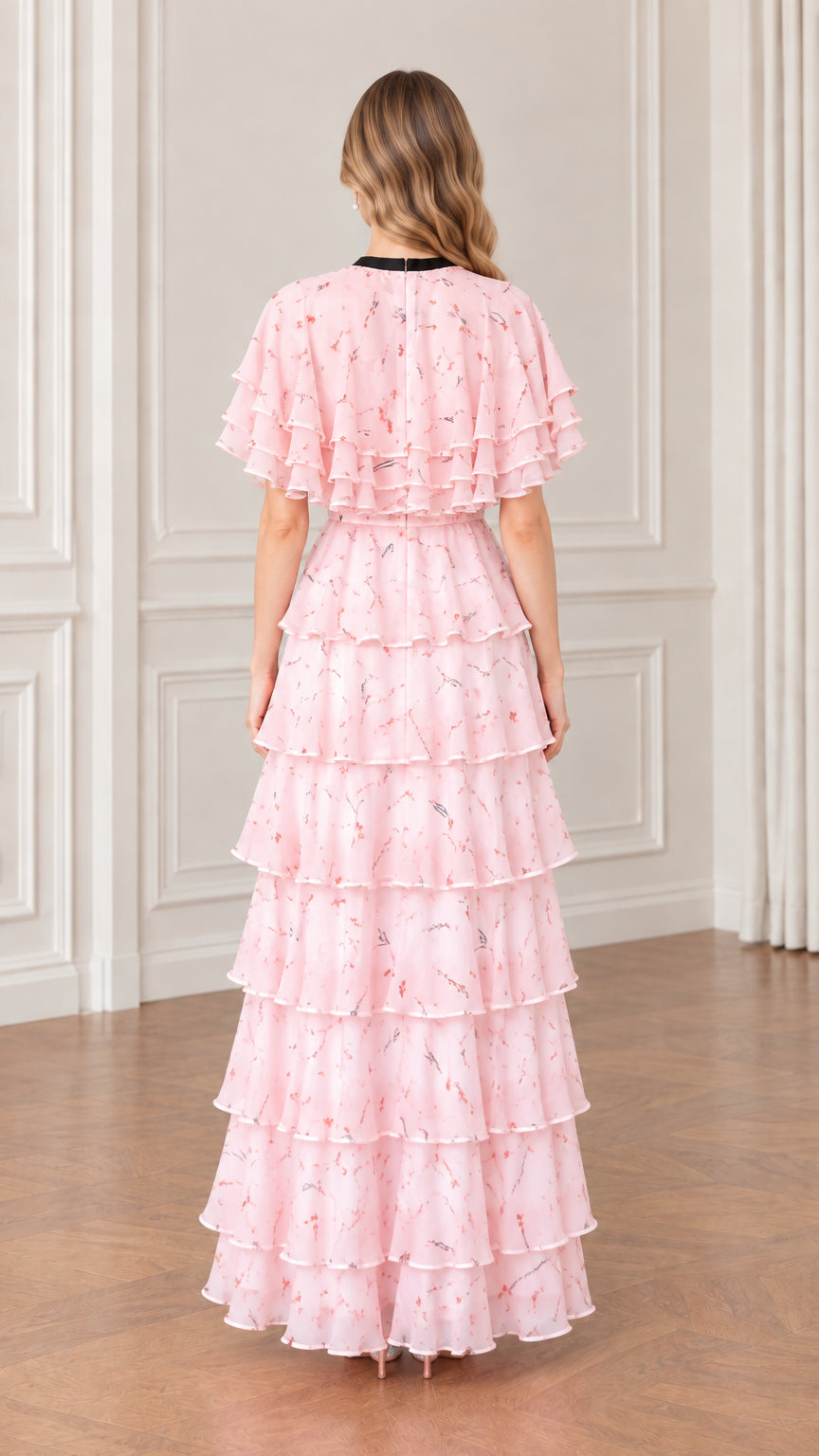 Back view of elegant pink floral tiered chiffon maxi dress